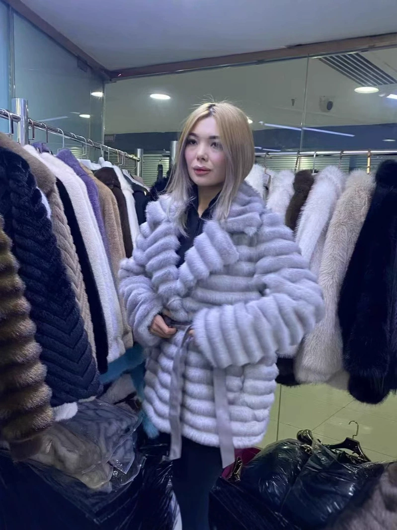 Faux‑mink integrated fur coat, mid‑length with collar, eco‑friendly design