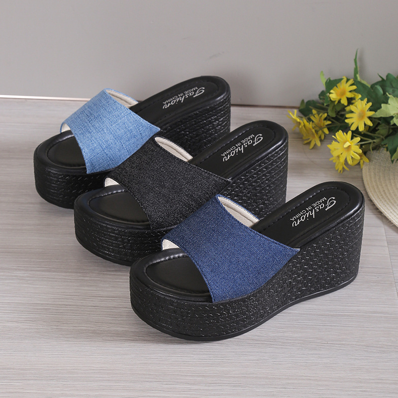 Sandali con zeppa da donna in denim punta aperta per uso esterno_voghion.com