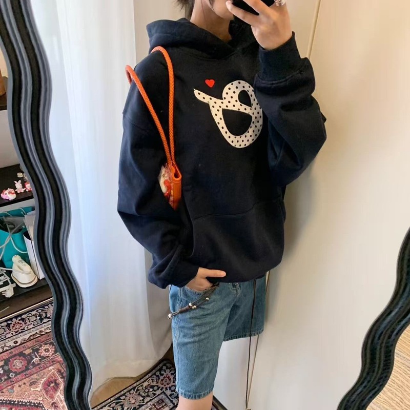 美式复古波点字母刺绣连帽卫衣女秋冬学院风宽松百搭藏青色上衣潮|undefined