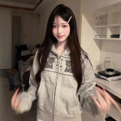 秋冬韩系复古小熊开衫连帽卫衣女2025新款宽松短款chic休闲外套潮