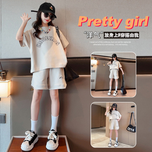 Girls and older children's summer sports suits  new fashionable girls letter T-shirt five-quarter pants Korean version two-piece set