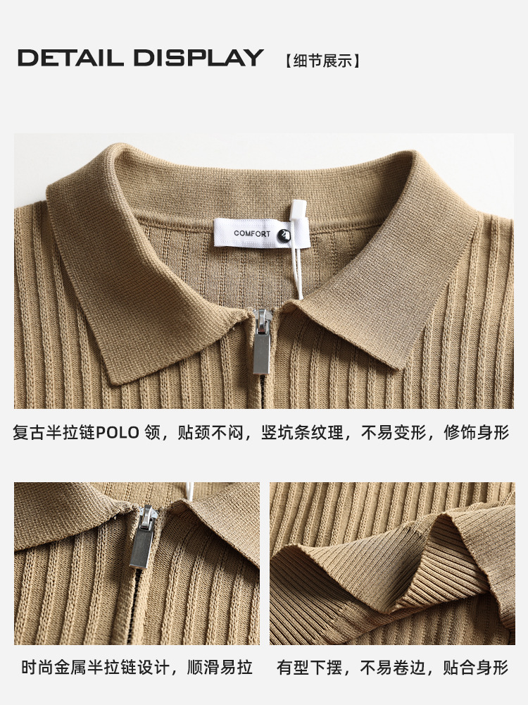 Verano nuevo hombre medio cremallera agujero de hielo tejedido polo camiseta de manga corta ligera de negocios de alto nivel hombre