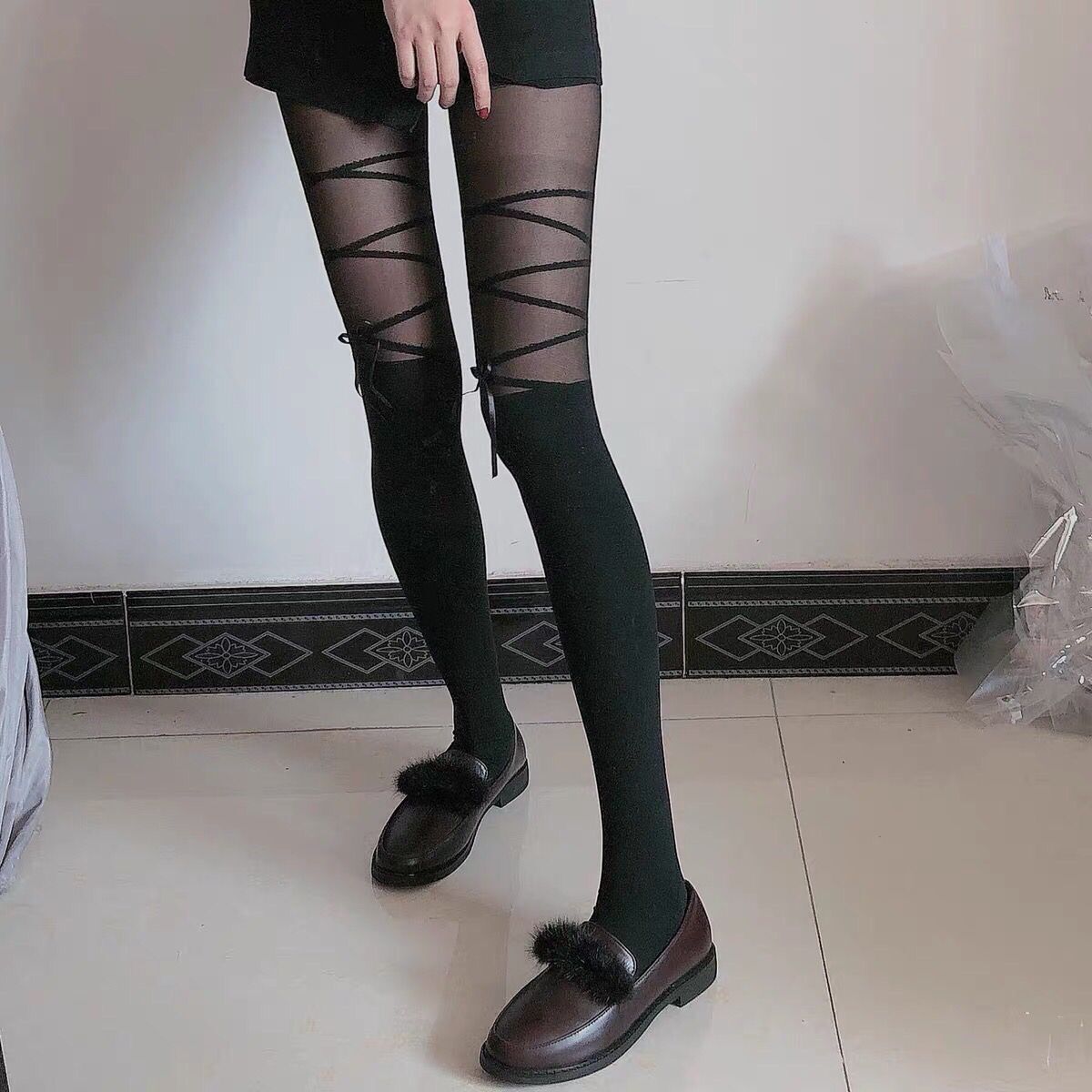 solar system Thin section Bandage bow Mosaic Black silk Thigh socks jk Silk stockings black High cylinder Knee socks