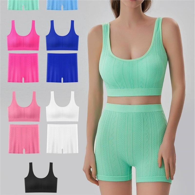Cross-Border Trade Hot-Selling Simple Solid Color High-Elastic Sports Bra and Shorts Fashion Striped Set Base Layer Underwear