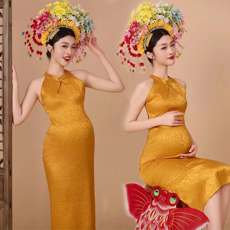 New Pregnant Women Photo Clothing Theme Photography Clothing New Chinese Style National Style Yellow Improved Sleeveless Photo Cheongsam Dress