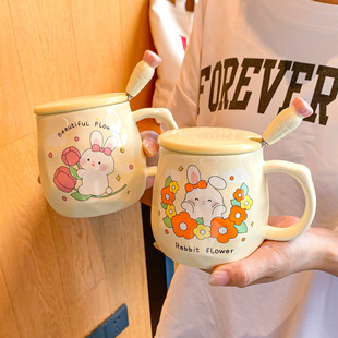 Mug with lid spoon girls' Cute ceramic cup children's high-looking water Cup dormitory coffee breakfast Cup for men