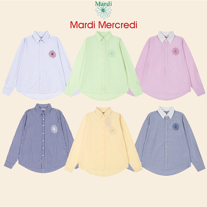 Early autumn commuter wear in stock: Korean trendy brand Mardi daisy embroidered shirt with macaron stripes, long-sleeved top