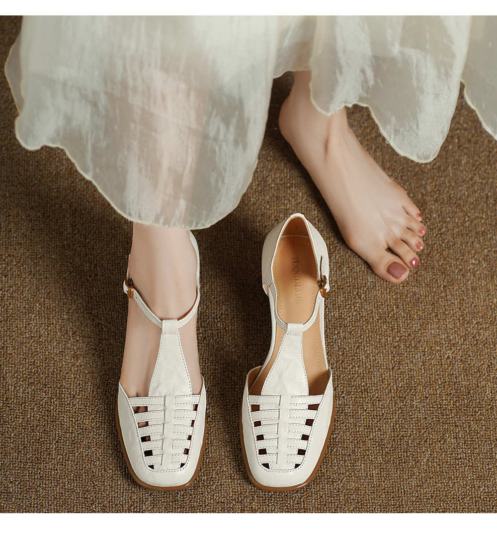Sandal nữ da bò dệt quai chữ T kiểu La Mã, đế thấp thoáng mát — đen chi tiết 4