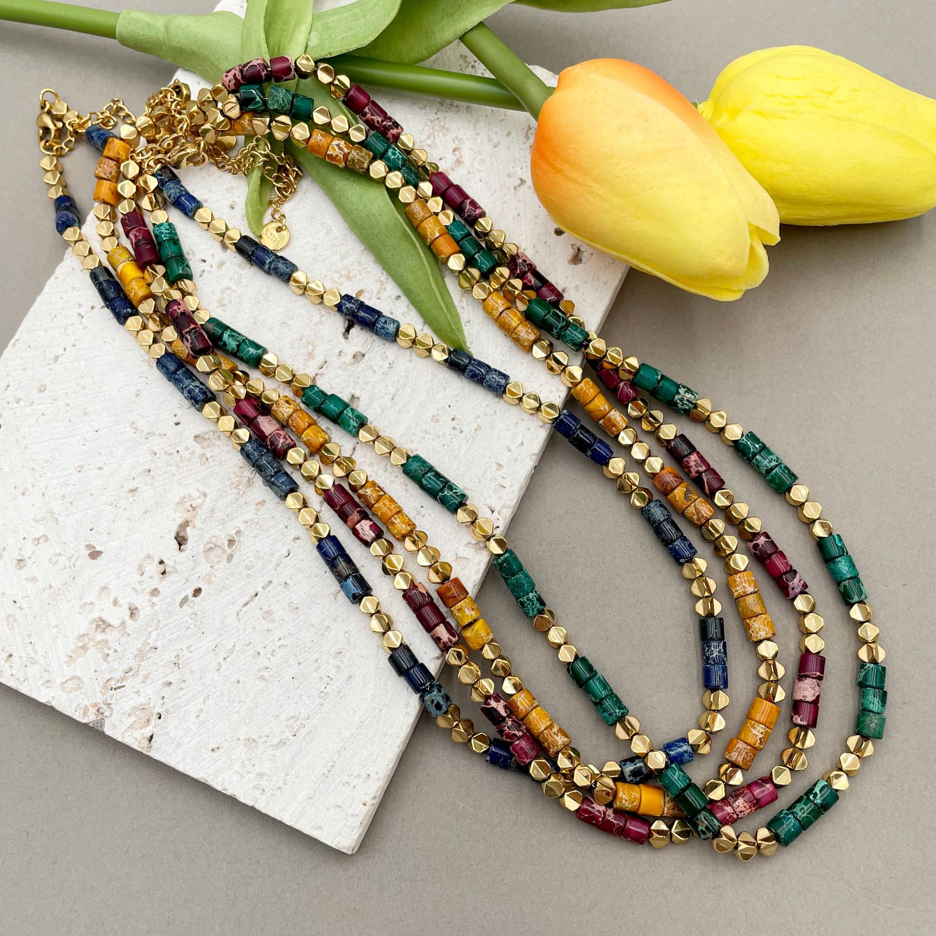 14g Weight PVD Coated Gold Plating Process Wholesale Jewelry Fashion Geometric 304 Stainless Steel Natural Stone Haematite Natural Stone Beads Gold Plated Plating Stainless Steel Necklaces