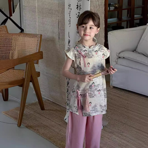 新中式童装2024夏款女童民族风旗袍长裤套装中大童女宝汉服两件套