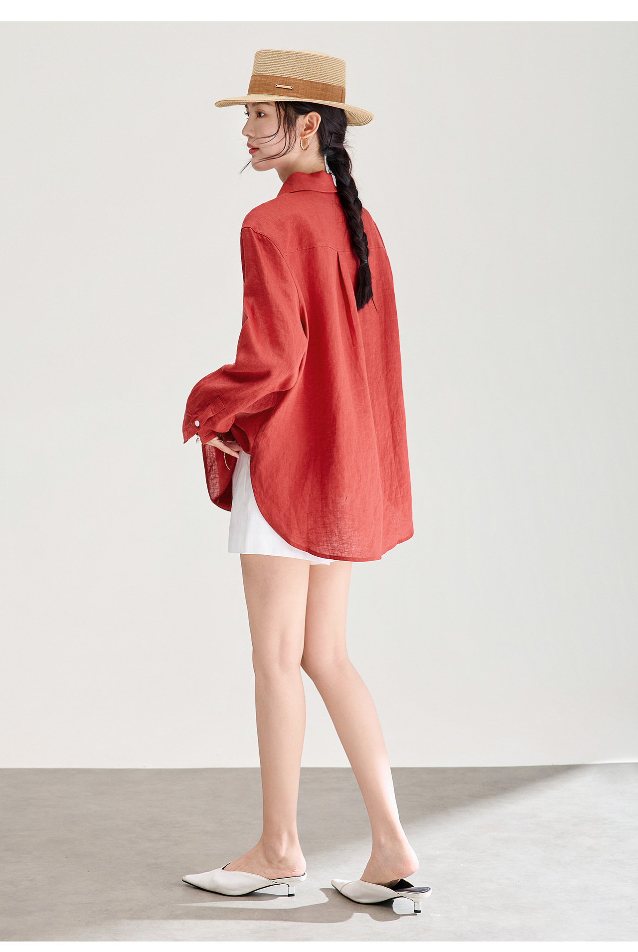 Áo sơ mi nữ linen chất lượng cao, phong cách cổ điển thư giãn, dáng rộng mùa hè — Đỏ Vermilion chi tiết 18