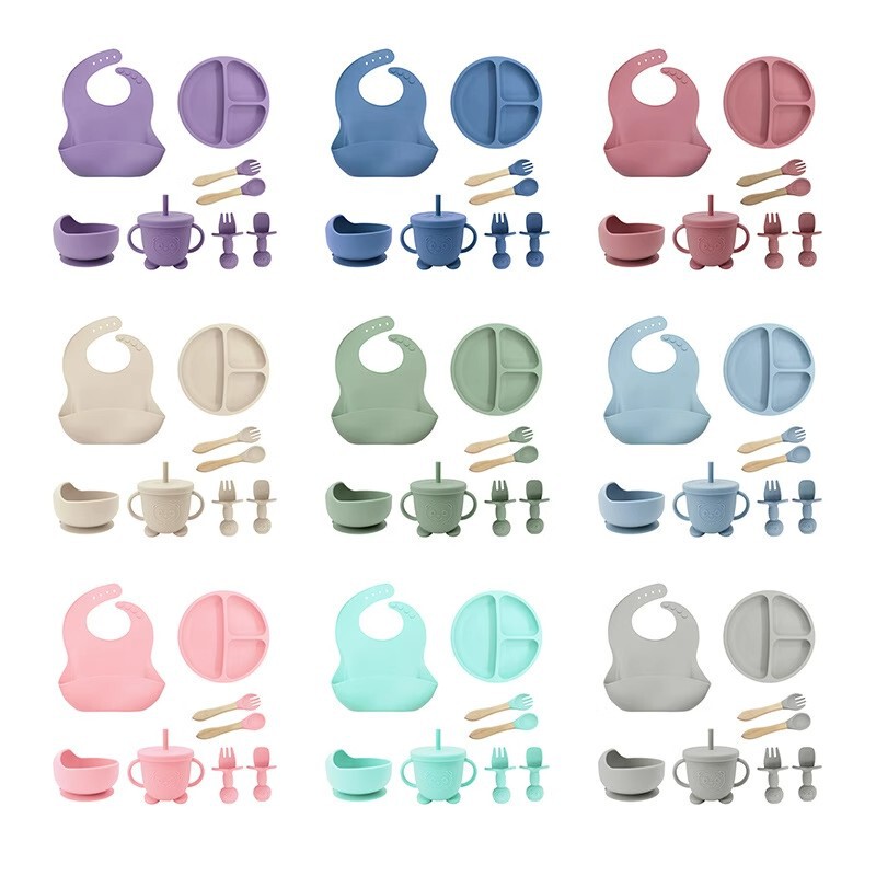 Food Grade Silicone Baby Bib Crate Tableware 8-piece Set Silicone Dinner Plate Suction Type Silicone Children's Bowl Spoon Fork