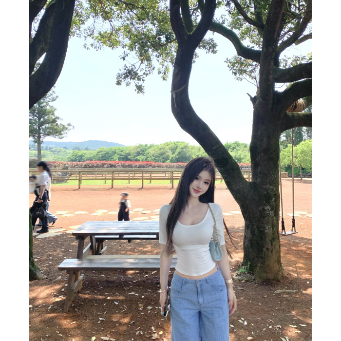 260克人棉芭蕾感中袖t恤女设计感夏季U领显瘦修身上衣|undefined