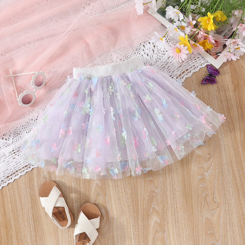 Ropa infantil al por mayor niñas coloridas mariposa tridimensional falda corta de verano falda de princesa de cuatro estaciones y media falda