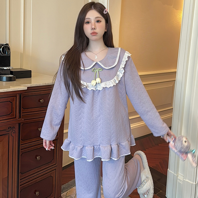 胖mm睡衣女款秋冬季空气棉夹层娃娃领长袖甜美宽松大码家居服套装|undefined