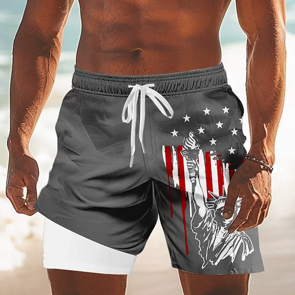 2026 Cross-Border Amazon Aliexpress European and American Summer New Men's American Flag Printed Double-Layer Men's Shorts