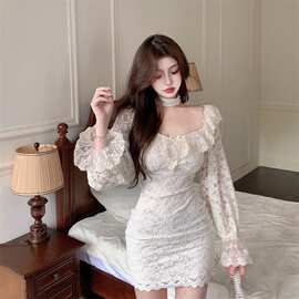 磨毛蕾丝连衣裙女装收腰紧身包臀裙子秋冬蝴蝶结法式长袖打底短裙