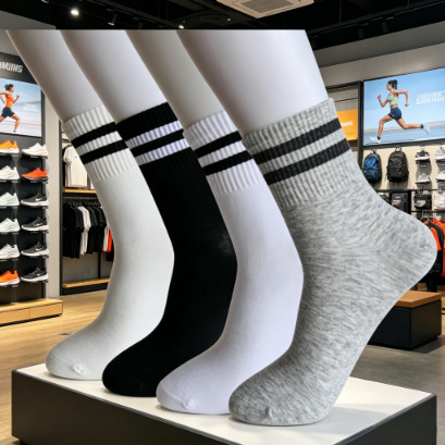 Schüler-Socken in Lagerbestand, Ganzjahres-Bestseller, Collegestyle, anti-Pilling, nahtlose Zehennaht, Baumwollsocken mit zwei Streifen, Unisex-Sportsocken