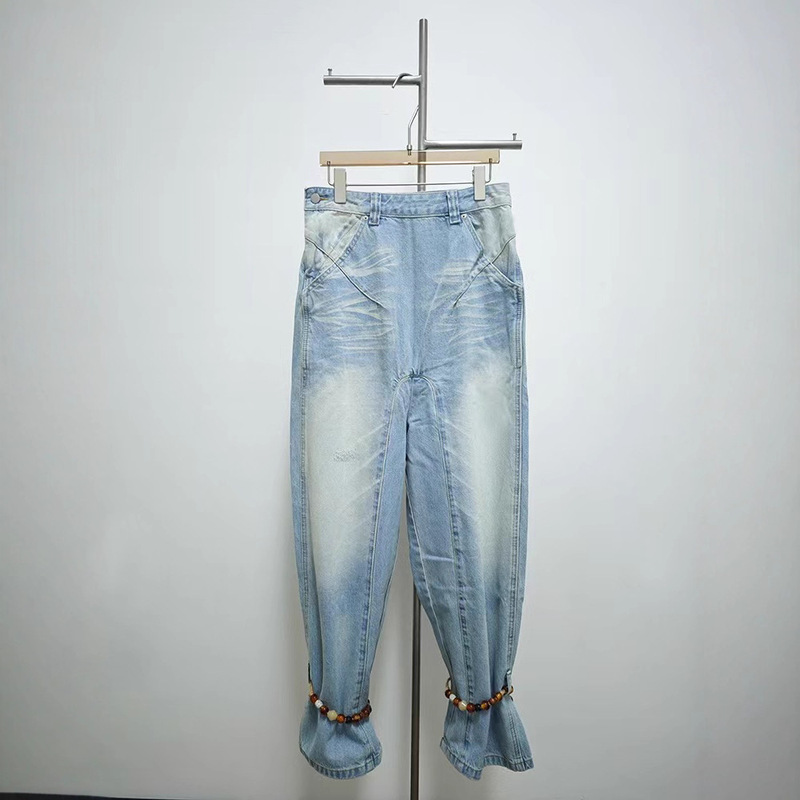 Designer Style Loose Low-Rise Beaded Drawstring Jeans for Women in Denim Blue