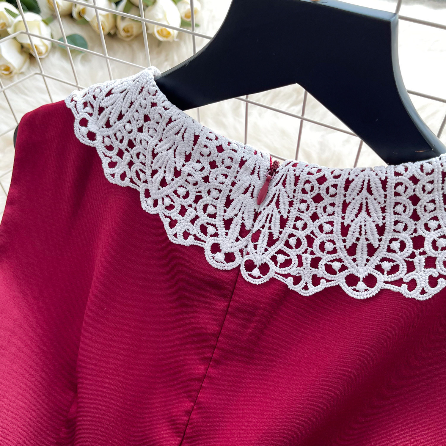Elegant High-Waisted A-Line Dress Red Lace Peter Pan Collar Summer Commute Suitable Women's Clothing_ecoleips.com