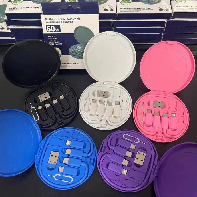 Multifunctional 5-in-1 Data Cable, 60W Fast Charge, Round Storage Box with Adapter Tips