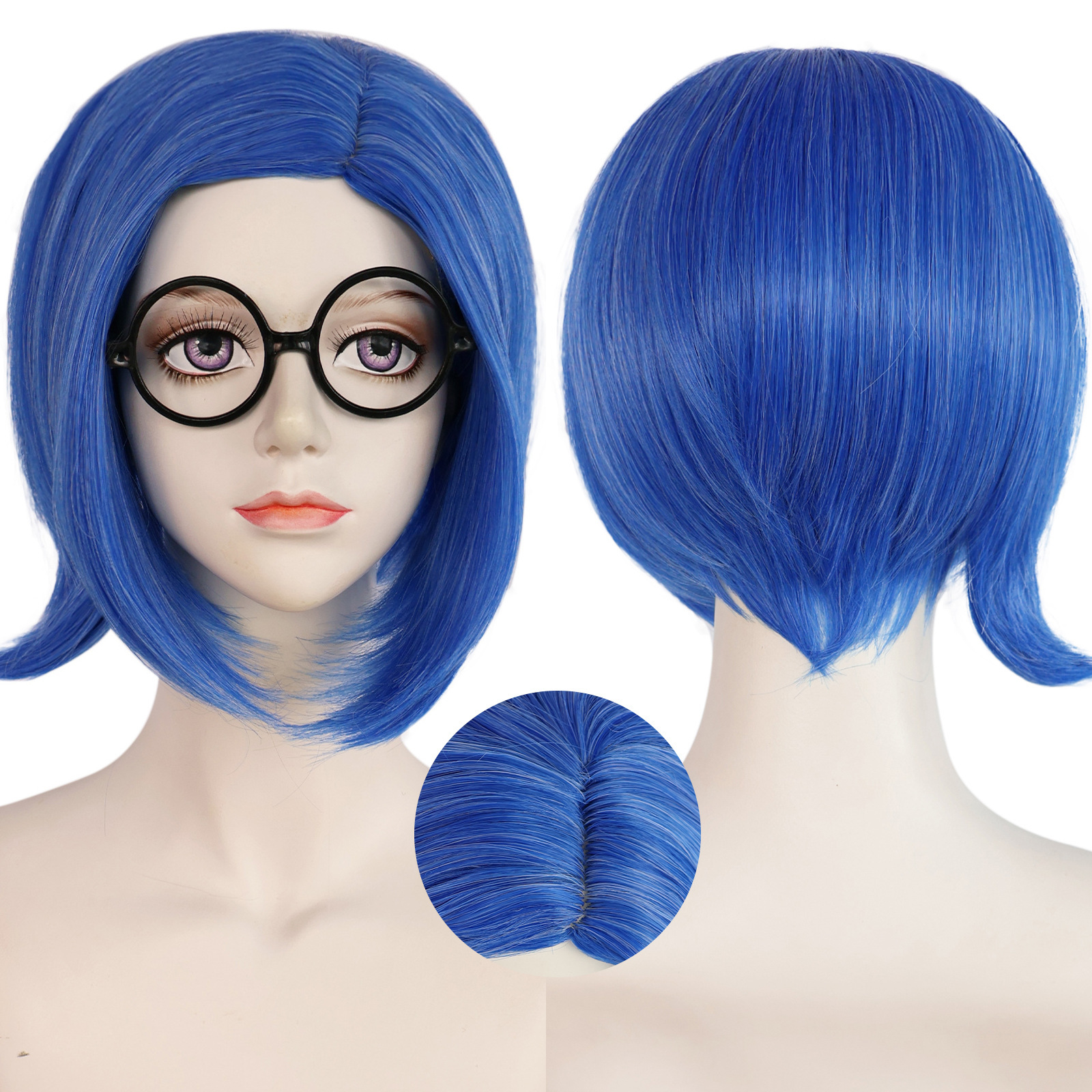Mente del equipo de la tristeza Youyou nside Out cuero cabelludo humano simulado azul pelo corto cos peluca
