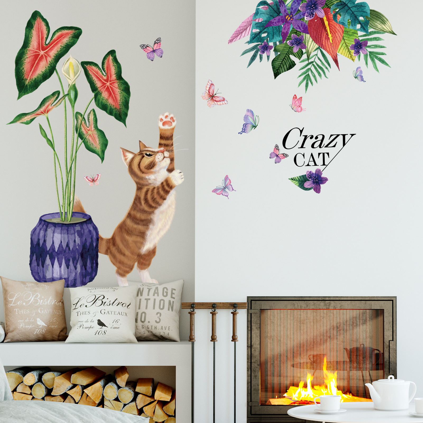 Nuevo MS-JA018 plantas verdes tropicales en maceta adorable gato sala de estar dormitorio de niños pegatinas de pared pegatinas decorativas