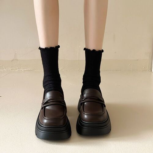 British style small leather shoes women's 2025 new autumn and winter platform sole step-on black loafer single-layer shoes ins
