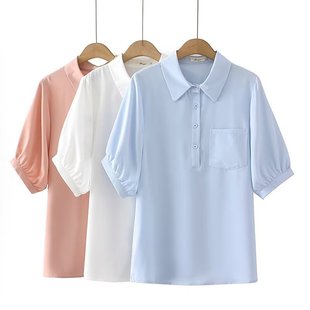 Large size women's Korean slim polo collar white shirt short sleeve shirt fat MM meat covered T-shirt shirt 200kg H186