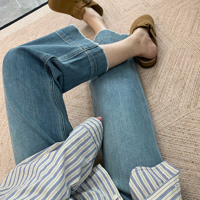 Jeans azules para mujeres de otoño nuevo tamaño grande pantalones elásticos de nueve puntos de moda pantalones rectos sueltos pequeños para cubrir la carne