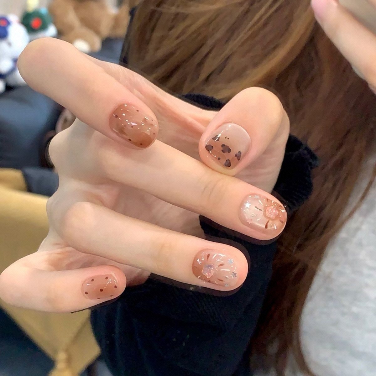 Otoño y invierno nuevo corto estampado de leopardo estrellas ojo de gato usar uñas de frijol, uñas de frijol blanquear parche de manicura al por mayor uñas