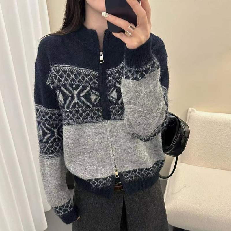 Korean Retro Lazy Style Fair Isle Snowflake Soft Knit Zip-Up Sweater Loose Sweater Coat for Women Autumn and Winter Top
