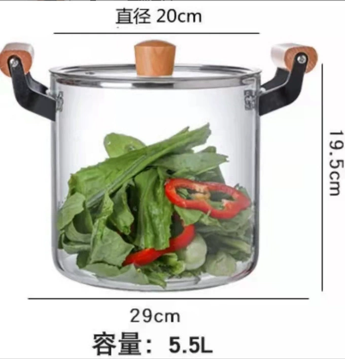 Скважная borosilicate стеклянная кастрюля с двойными деревянными ручками - 2.5–5.5 л сотейник, прозрачный суповая