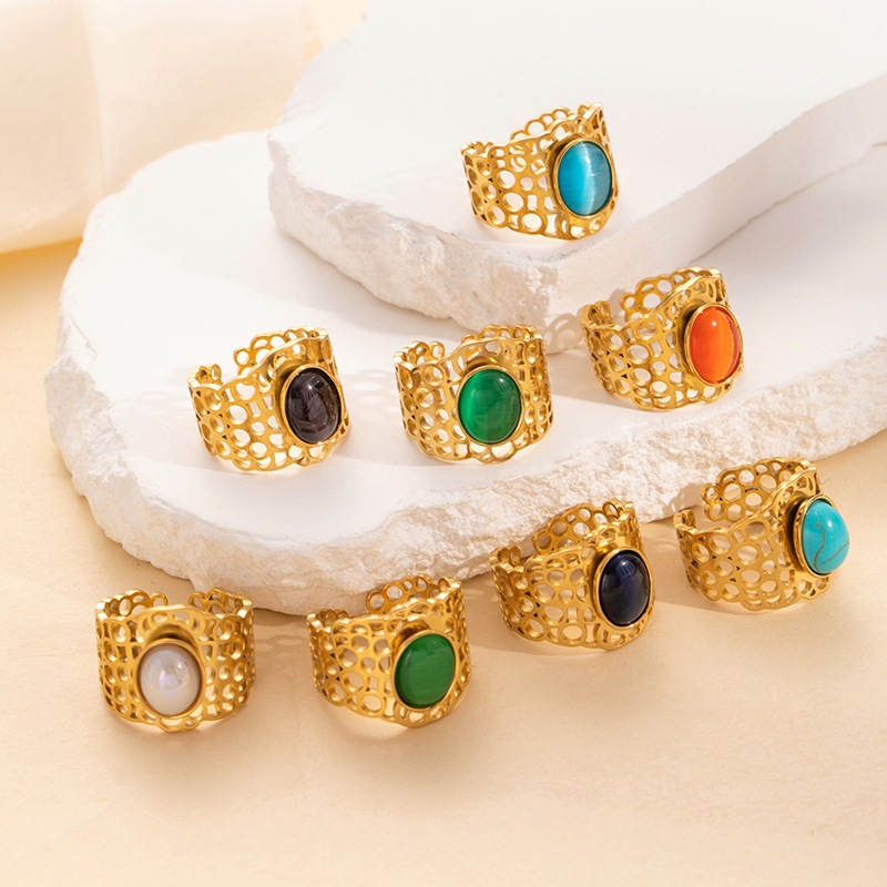 European and American retro personality titanium steel ring men's and women's mesh set cat's eye stone INS advanced sense 18K gold opening ring