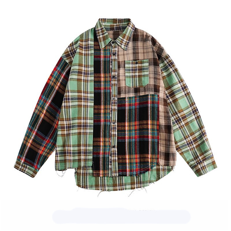Trendy Irregular Color Plaid Stitching Long-Sleeved Shirt Shirt Men's American Street Hip-Hop Design Loose Top Trendy Irregular Color Plaid Stitching Long-Sleeved Shirt Shirt Men's American Street Hip-Hop Design Loose Top