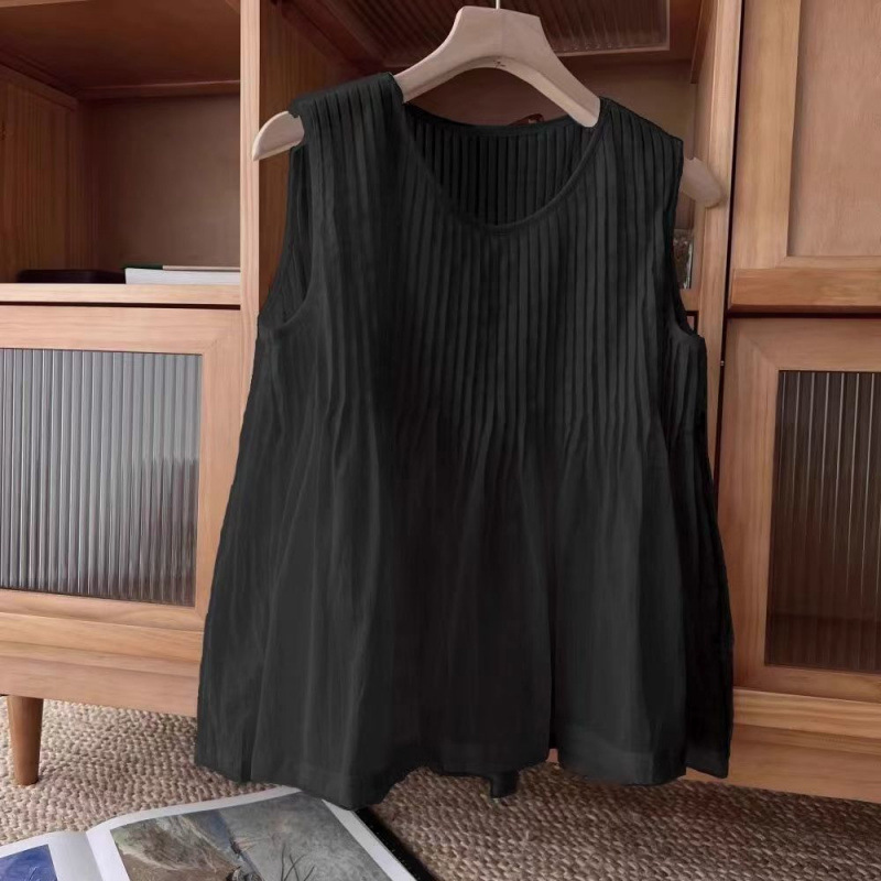 Sweet Age-Reducing Pleated Sleeveless Pure Color Shirt for Women 2025 Summer Fat m Suspender Shirt Top