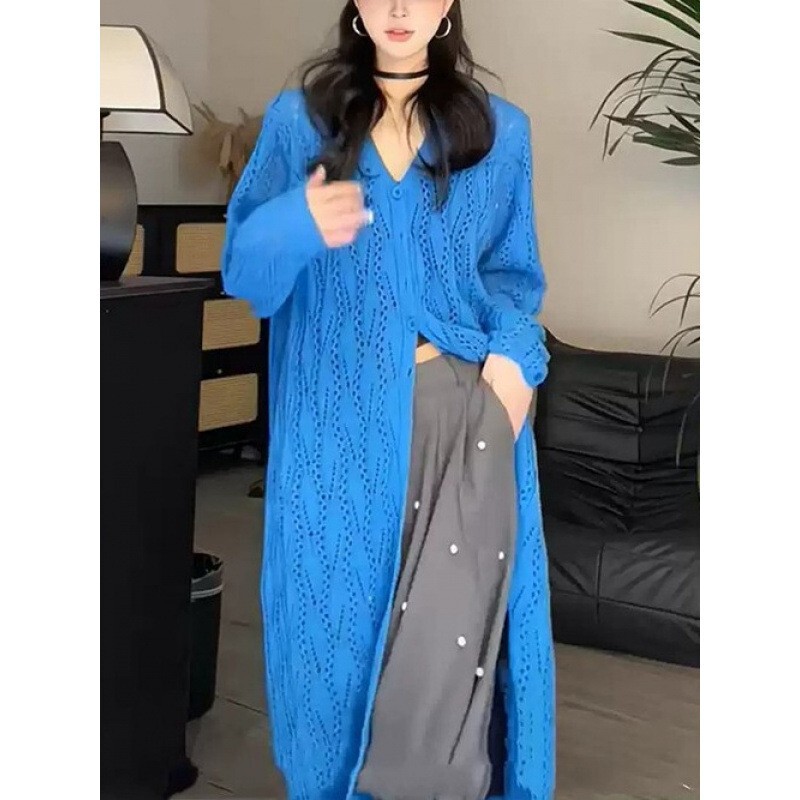 Cross-Border Women's Clothing 2025 Spring and Summer New Design Outer Knitted Blouse Loose Fat mm Extra Long Cut Out Cardigan