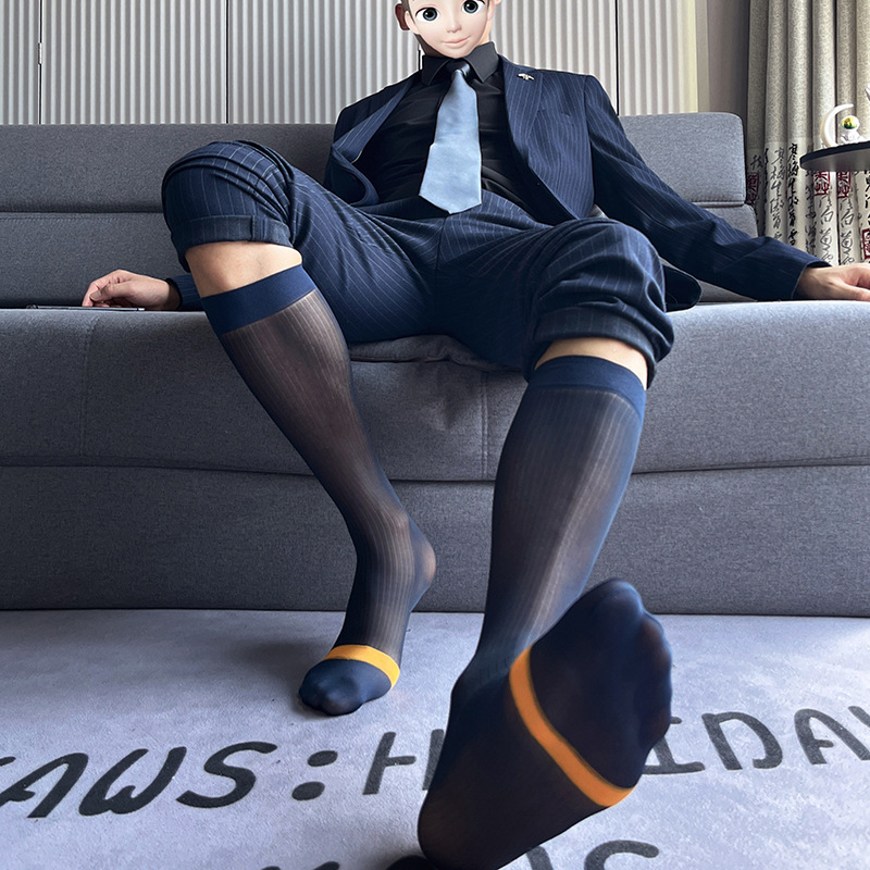 Gentleman's Formal Business Stockings Men's Stripesd Sexy Ultra-Thin Commuter Suit Leather Shoes with Calf Socks