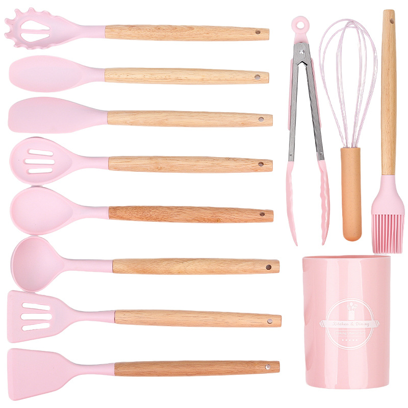 Cocina de cocina transfronteriza de silicona con mango de madera 12 piezas para cocinar cocina antiadherente olla de silicona cuchara colador pala nuevo