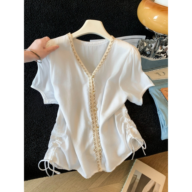 French-Style Gentle Lace Patchwork Shirt for Women, Summer Drawstring Waist-Cinching Slim-Fit Elegant Short-Sleeve V-Neck Blouse Top