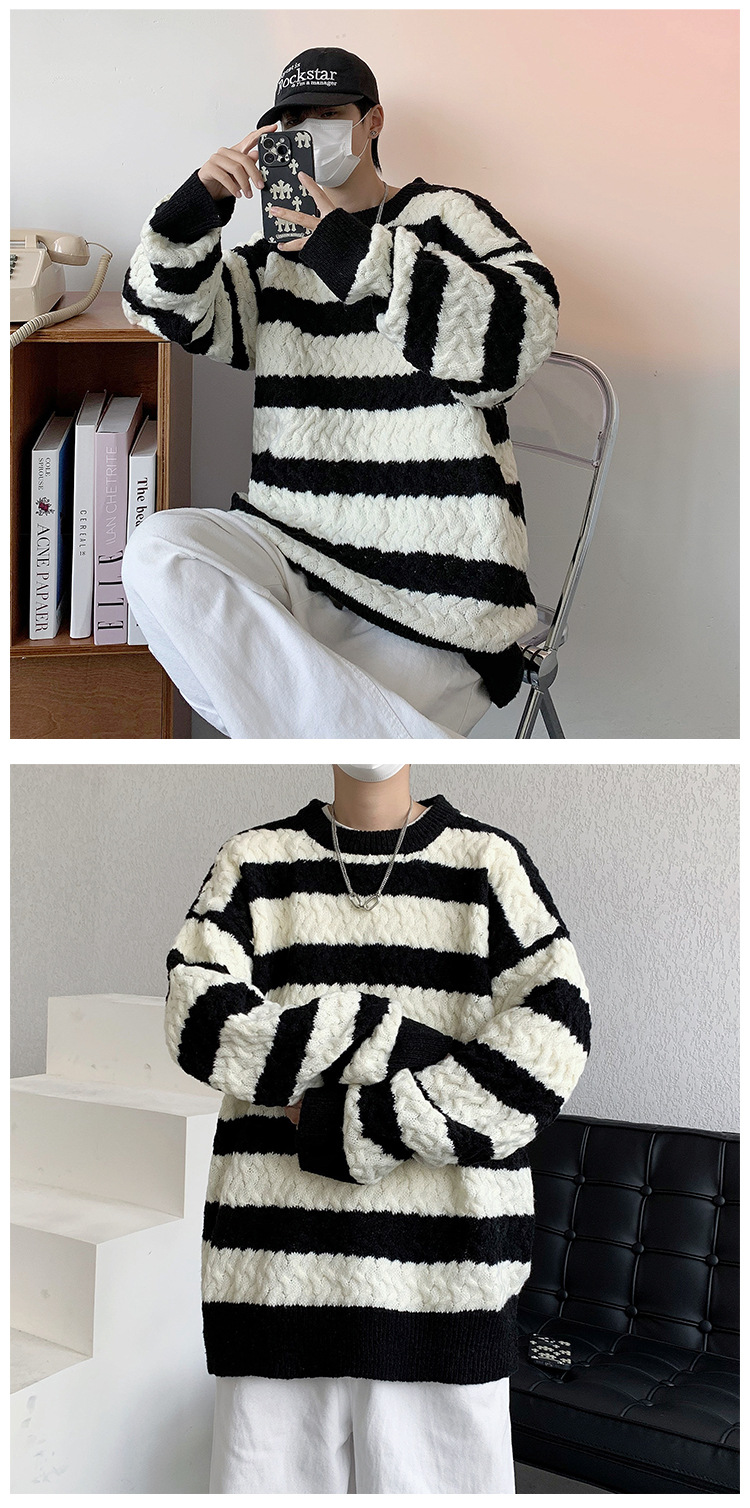 Men's Striped Sweater For Men Oversized Crew Neck Knit Jumper_voghion.com