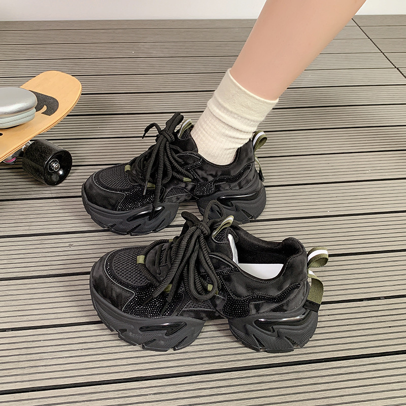 水钻真皮老爹鞋女小个子厚底新款秋季时尚轻便松糕休闲运动鞋子|undefined