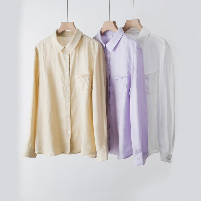 Stable Supply, Turn-Down Collar Hemp Long-Sleeve Shirt with Fold-Over Pocket, Simple and Neat, Loose Fit, Slimming, Casual, Artistic Style for Women 4046