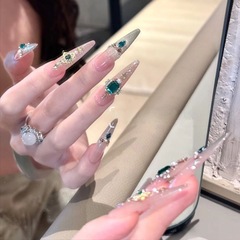 祖母绿细狗腮红猫眼法式纯手工穿戴甲重工爆闪气质美甲贴片贵气