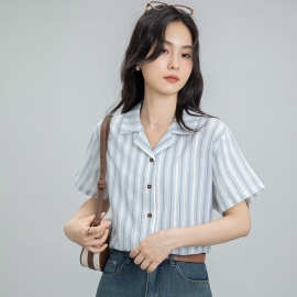 条纹短袖衬衫女2025夏季新款韩版薄款宽松通勒西装领设计感衬衣