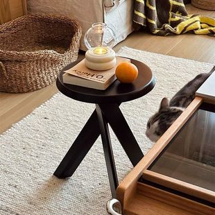 Retro Solid Wood Sofa Side Table Scandinavian Wabi-Sabi Style Living Room Small Coffee Table Japanese Bedside Table Round Stool Storage Rack Corner Table