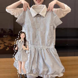 2025新款miu系假两件灰色polo连衣裙子女夏季小个子收腰花苞短裙