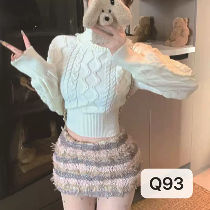 韩系加厚一字领长袖毛衣女秋冬新款气质性感百搭显瘦短款针织上衣