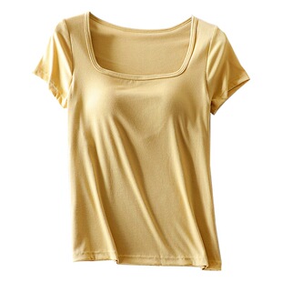Short-sleeved Women's Slim-fit Thin Square Collar T-shirt with Chest Pad for Summer Free Bra-free Inner Bottoming Outer Wearing Shoulder Half-sleeves