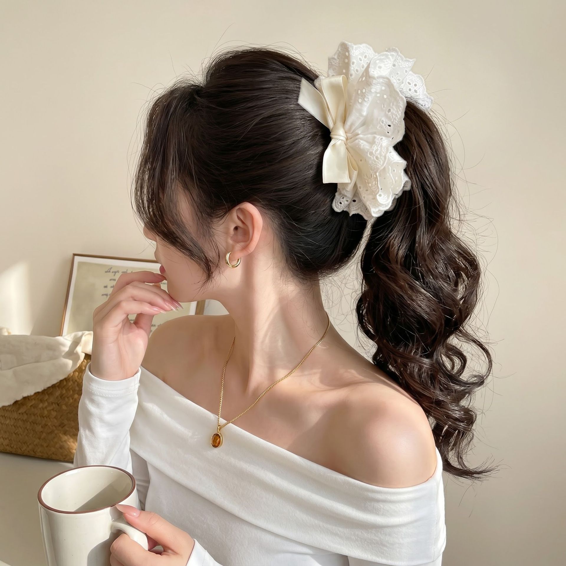 58# milk white lace bow banana clip-13cm